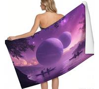 Beach Towel Small boat on the planet lake 140 x 70 cm Microfibre Towel Quick Dry Purple Printed Sand Free Compact Lightweight Pool Gym Camping