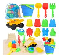 Beach Toys, 14Pcs Sand Toys with Construction Vehicle and Collapsible Beach Bucket, Animal Sand Mold Sets, Watering Can,Shovel Set with Mesh Bag,Summer Outdoor Play Travel Sandbox Gift for Boys Girls