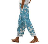 Beach Trousers Women Long - Linen Trousers Womens Petite Striped Lounge Pants Multi Floral Check Elasticated Waist Summer Travel Pants 2 Side Pockets Floral Print Straight Leg Trouser Wide Leg Blue