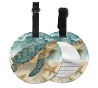 Beach Turtle Starfish Round Luggage Tag 4PCS Sea PU Leather Travel Bag Tag ID Labels Name Card Holder wtih Buckle for Luggage Suitcase Backpacks