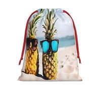 Beach Two Pineapples Sea -Print Drawstring Gifts Bags S Size - Soft Flannel Fabric Reusable For Wedding Party Favors Gifts Packaging