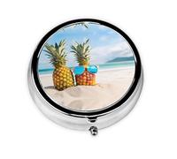 Beach Two Pineapples Sea Print Pill Box, Round Pill Organizer, 3 Compartment Small Pill Case for Purse & Pocket, Portable Medicine Box, Travel Pill Case
