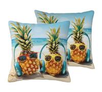 Beach Two Pineapples Sea Print Pillowcase 40x40 CM Set 2 Pack Linen-Look Square Pillow Covers Cushion Cover for Sofa, Bed, Living Room, Garden & Office Decor