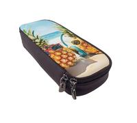 Beach Two Pineapples Sea Printed Leather Flip Pencil Case - Multifunctional Organizer for School, Office & Travel