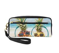 Beach Two Pineapples Sea Printed Leather Makeup Bags with Wrist Strap Portable Travel Toiletry Bag Cosmetic Organizer Bag for Women