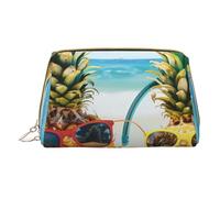 Beach Two Pineapples Sea Printed Small Makeup Bag Portable Leather Make up Bag Travel Zipper Cosmetic Bags Organizer for Women