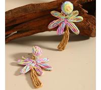 Beach Vacation Raffia Earrings - Colorful Tropical Coconut Tree Dangles with Alloy Leaves | Boho Straw Statement Earrings for Women | Summer Festival Boho Chic Accessories