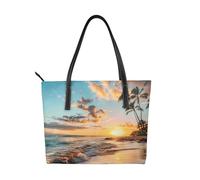Beach Vegan Leather Handbag for Women Sunset Sea Tote Bag with Top Handle, Large Shoulder Purse for Everyday Work Travel