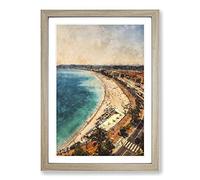 Beach View in Nice France Painting Framed Print | A2 Oak Framed Wall Art | Ready to Hang | Modern Beach Picture | Living Room Bedroom Lounge Office