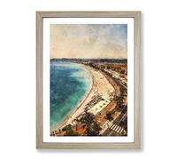 Beach View In Nice France Painting Modern Framed Print | A4 Oak Framed Wall Art | Ready to Hang | Modern Beach Picture | Living Room Bedroom Lounge Office