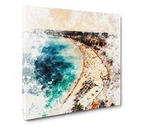 Beach View In Nice France Watercolour Canvas Print | Gallery Wrapped 30mm Frame Wall Art | 14x14 inches | Ready to Hang | Coastal Seascape Picture | Living Room Bedroom Lounge Office