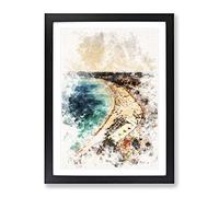 Beach View In Nice France Watercolour Modern Framed Print | A2 Black Framed Wall Art | Ready to Hang | Modern Beach Picture | Living Room Bedroom Lounge Office