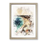 Beach View In Nice France Watercolour Modern Framed Print | A2 Oak Framed Wall Art | Ready to Hang | Modern Beach Picture | Living Room Bedroom Lounge Office