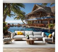 Beach View Panoramic Mural Wallpaper 390 x 260 cm Palm Trees and thatched Houses Wall Mural Non-Woven Art Print Wallpaper Living Room Bedroom Sofa TV Backdrop Decoration Poster Picture Photo