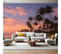 Beach View Photo Wallpaper 3D Effect Sunset Palm Trees Mural Wallpaper Non-Woven Wall Mural, 350 x 256 cm Large Murals Wall Decor for Bedroom, Living Room, Kids Room
