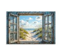 Beach View Through Old Window Canvas Poster Bedroom Decor Landscape Office Room Decor Gift 16x24inch(40x60cm)