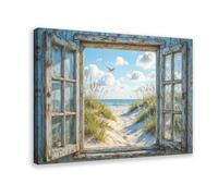Beach View Through Old Window Canvas Poster Bedroom Decor Landscape Office Room Decor Gift 24x36inch(60x90cm)