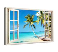 Beach Wall Art 3D Fake Window View Tropical Palm Tree Ocean Coastal Scenery Framed Artwork Picture Nature Hawaii Sea Island Landscape Painting for Living Room Bathroom Home Office Decoration 60x90cm