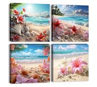 Beach Wall Art for Bathroom Decor Pink Floral Canvas Prints Beach Seashell Pictures Ocean Landscape Wall Decor Coastal Seascape Paintings Artwork for Living Room Office Home Decorations 30x30cm 4Pcs