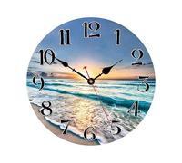 Beach Wall Clock - Creative Non Ticking Coastal Maritime Clock | Retro Wooden Beach Waves in the Sunset Wall Clock | Read Wall Clock for Living Room, Kitchen, Bathroom, Office