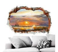 Beach Wall Stickers, Beach Wall Stickers - Sunny Wallpapers, Adhesive Wall Sticker with Broken Holes Decorative Sea Landscape for for Living Room