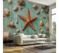 Beach Wallpaper for Walls - Starfish Seashell Rustic Wood Plank Wall Paper, Beach Home Decor, Non-Woven Waterproof Wallpapers for Bedroom Living Room, Feature Walls Mural 450x315 cm - Jhd162