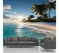 Beach Wallpaper, Tropical Palm Tree Sunrise Seascape Panoramic Mural, Wall Paper for Bedroom Living Room Hallway Restaurant Home Decoration - 350x256 cm Wall Mural