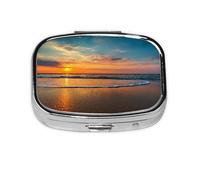(Beach Wave Sunset) Square Pill Box with 2 Compartment Small Pill Organizer Portable Pill Case Vitamin Containers, Travel Essentials 5.5x4x1.8 cm