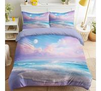 Beach, Waves, Clouds, Full Moon Duvet Cover, Healing Ocean Wind, Soft Dreamy Style Reversible Bedding Set 79" x 79" (200 x 200 cm), Easy Care Quilt Cover With Pillowcases