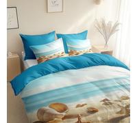 Beach Waves Duvet Cover Queen Bedding, Reversible Golden Beach Shell Starfish Printed Duvet Cover 230 x 220 cm, Lightweight Bedding with Zipper Closure Soft Breathable Quilt Covers for Kids Adults