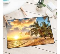 Beach Welcome Door mat, Tropic Sandy Beach with Horizon at The Sunset and Coconut Palm Trees Summer Photo, Catch dust Snow and mud, W15.7 x L23.6 Inch, Cream Blue
