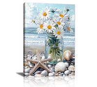 Beach White Flowers in the Vase Framed Canvas Wall Art, Elegant Blue Coastal Scenery Wall Pictures Printed Poster Painting on Canvas Wall Decor for Bedroom Living Room Bathroom Ready to Hang 40×60cm
