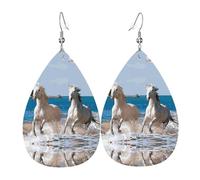 Beach White Horse Printed Teardrop Pendant Leather Earrings | Lightweight and Versatile Earrings | Suitable for Daily Commute and Date Wear