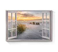 Beach Window Canvas Wall Art: Sunset Ocean Coastal Artwork Open Window View Picture Tropical Seascape sea scenery Prints Natural Landscape Seaside Sand Dunes Seashore Grass Painting for Office Bedroom