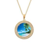 Beach with Palm Trees Fashion Women's Diamond Necklace Shiny Round Pendant Jewelry Romantic Gifts