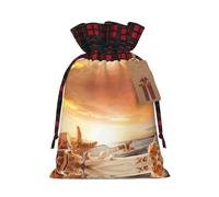 Beach With Seashells Sunset Print Christmas Candy Bags,Holiday Party Color-Blocked Drawstring Bags,Drawstring Snack Bags