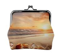 Beach with Seashells Sunset Prints Coin Purse Kiss Lock Pu Leather Mini Pouch Wallet Change Bag for Women Girls Kids