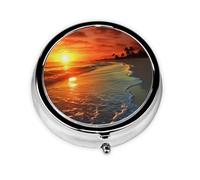 Beach with Sunset Pill Box Metal Round Small Pill Case Cute 3 Compartment Pill Organizer Portable Travel Pillbox Mini Pill Container Holder for Daily Medicine Supplement Vitamin