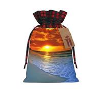 Beach With Sunset Print Christmas Candy Bags,Holiday Party Color-Blocked Drawstring Bags,Drawstring Snack Bags
