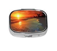 Beach with Sunset Print Pill Box Square Pill Case 2 Compartment Small Metal Medicine Organizer Portable Travel Pillbox for Pocket Purse Cute Mini Pill Container to Hold Daily Vitamins