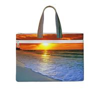Beach with Sunset Printed Document Bag Teacher Canvas File Tote Bag Pouch for Work, Casual Handbag for Office School Travel Beach