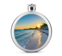 Beach with Waves and Sunset Portable Hip Flasks Personalised Round Alcohol Bottle Wine Whisky Flask Flagon Groomsmen Gifts