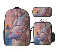 Beach Womans Face House 3 Pieces Set Laptop Backpack Casual Daypack with Lunch Box Pencil Case for Travel