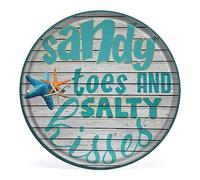 Beach Wreath Sign,Sandy Toes And Salty Kisses Sign,Metal Sign,Craft Supplies,Round Sign,Coastal Decor,Wreath Attachment,Summer Beach Sign Retro Great Home Decor Wall Art 12×12 Inch