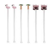 Beachcombers Flamingo Palm Tree Lotus Flower Set Of 6 Reusable Glass Drink Stirs Tropical Cocktail Bar Beach Party Swizzle Sticks Pink