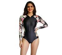 BEACHKINI One-Piece Swimsuit for Women Long-Sleeved Swimwear with Front Zip Triangle Swimsuit,Black Peony,L