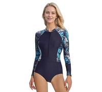 BEACHKINI One-Piece Swimsuit for Women Long-Sleeved Swimwear with Front Zip Triangle Swimsuit,Blue Pattern,M