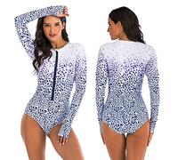 BEACHKINI One-Piece Swimsuit for Women Long-Sleeved Swimwear with Front Zip Triangle Swimsuit,White Purple,XL