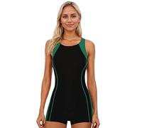 BEACHKINI Swimwear Women's Boyleg One Piece Swimsuit Sports Swimming Open Back Swimsuit Competitive Bathing Suit,Green Stripes,UK 10