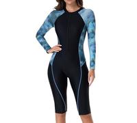 BEACHKINI Women Boyleg One Piece Swimsuit,High Elasticity Swimming Costume,Long Sleeve Bathing Suit,Surfwear,Diving,Ink Painting,XS